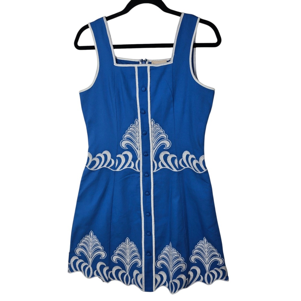 Ciebon Royal Blue White Embroidered Scalloped Mini Dress Woman XS Cotton NEW